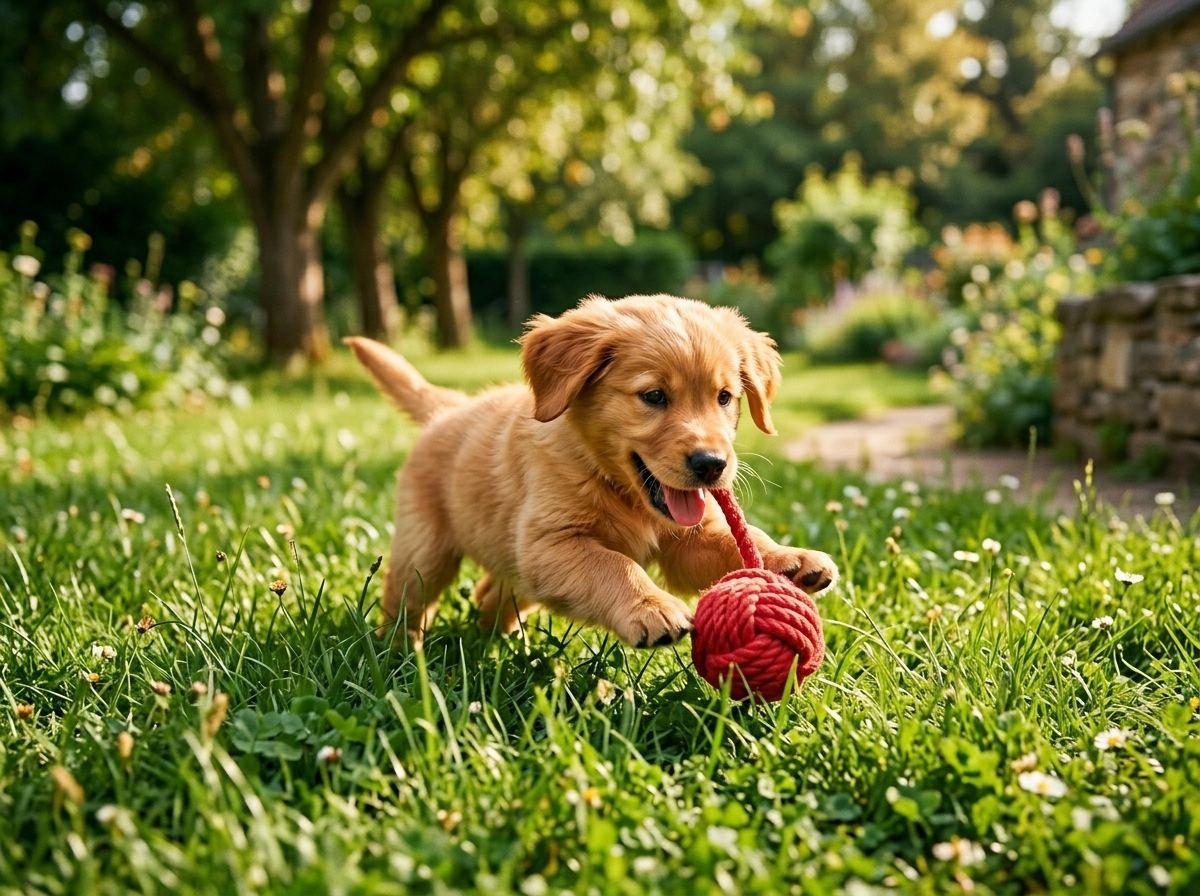 Filhote de golden retriever brincando com brinquedo de corda no jardim